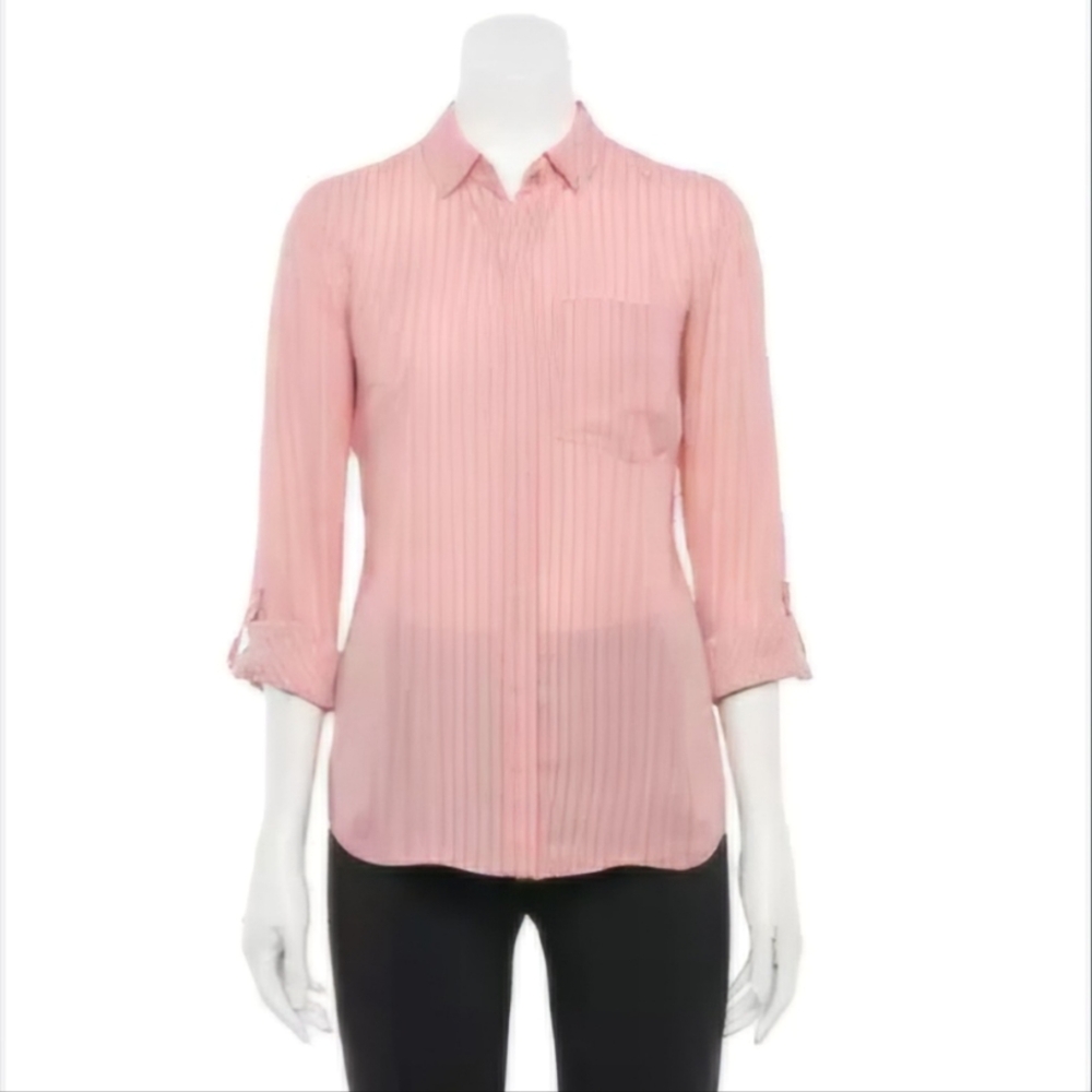 Apt 9 Women's Button Up Dress Formal Shirt Pink Stripe - Medium